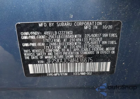 2021 Subaru Forester Premium z USA, uszkodzony, nr VIN JF2SKAJC5MH436675